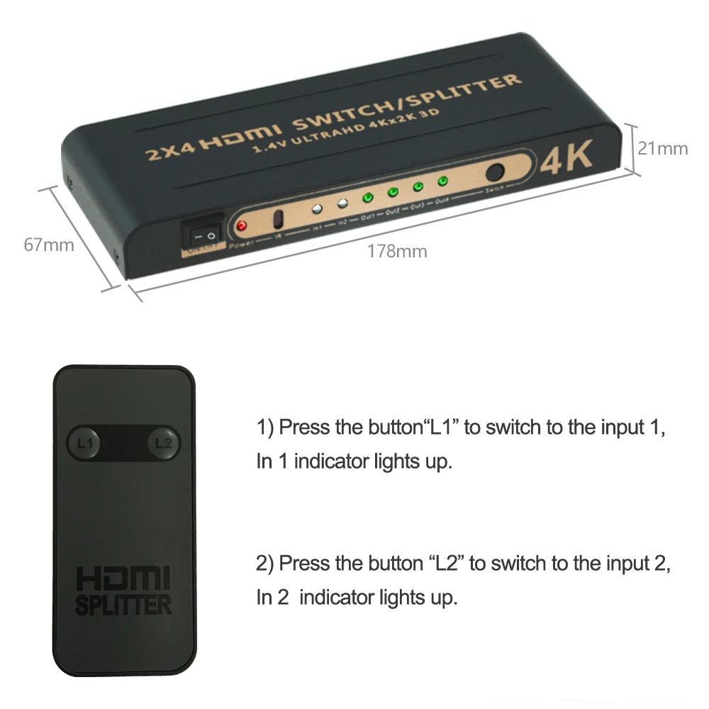 Aikexin 4K x 2K HDMI сплиттер 2x4 с ИК 2 входа 4 выхода переключатель поддержка HDMI1.4 Ultra HD K 1080 P