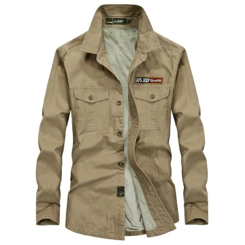 Plus Velvet Men's Shirts AFS JEEP Autumn Winter 2018 Long Sleeve 100% Cotton Cargo Fur Inside Plus Size 5XL loose Army Military 