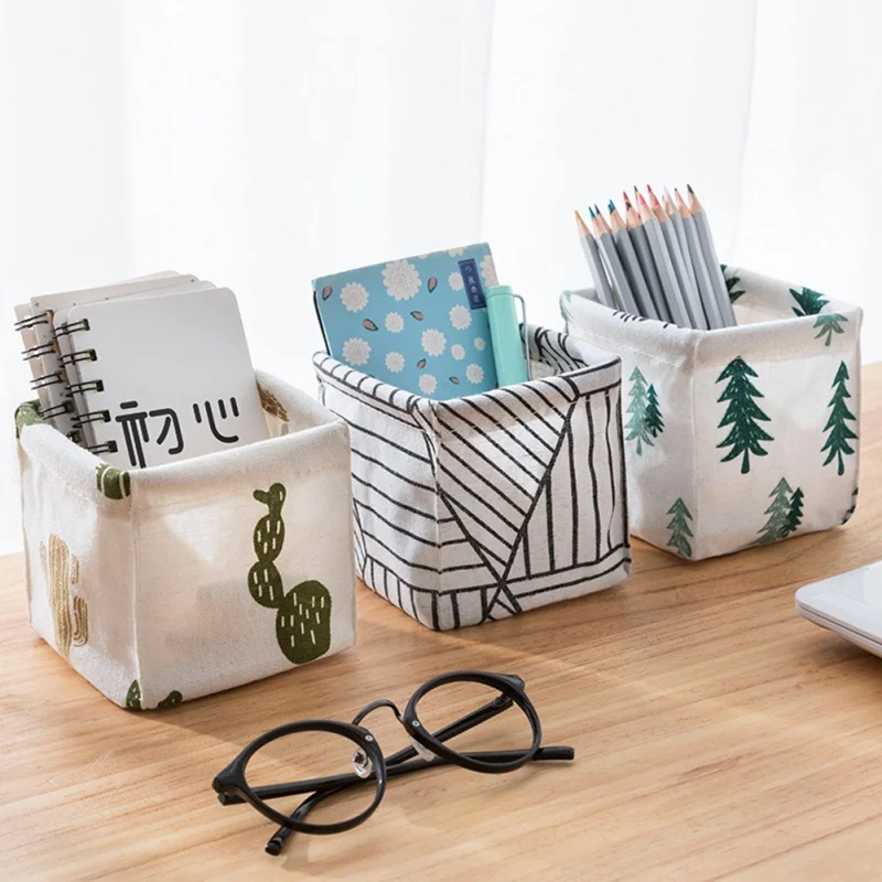 

Cotton Linen Foldable Desktop Storage Bag Diamond Stripe Storage Basket Portable Mini Sundries Storage Container Home Organizer