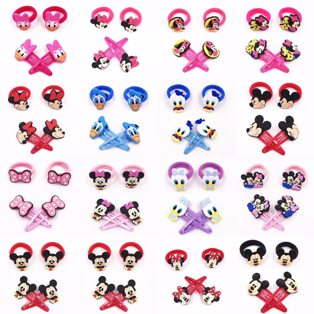 

4Pcs Lovely Cartoon Daisy Mickey Minnie Girls Hair Clips Hair Accessories Hair pins Elastic Hair bands Headwear Kids Rubber Band