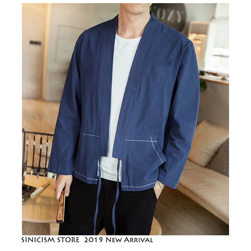 Sinicism Store patchwork vintage kimono Men 2019 Mens Streetwear Vintage Jackets Coats Male belt Windbreaker jackets Plus Size