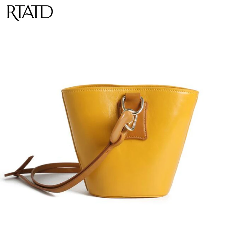 

New Genuine Leather Women Bucket Bag Fashion Lady Shoulder Bag Vintage Luxury Brand Design Female Tote