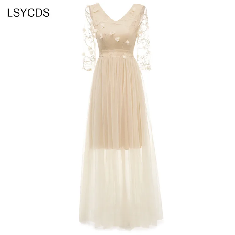 

2023 Sexy V-Neck 3/4 Sleeve Vintage Mesh Maxi Dress Elegant Embroidery Ladies Dresses Formal Party Women Long Dress