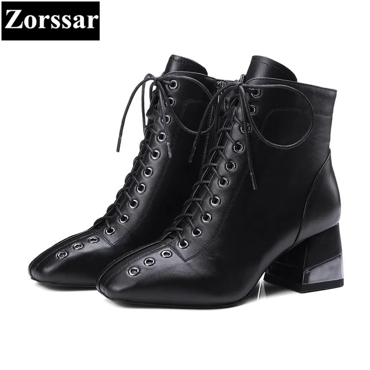 

{Zorssar} 2017 NEW large size Female shoes Fashion lace up Square Toe High heels ankle Motorcycle boots winter fur womens boots