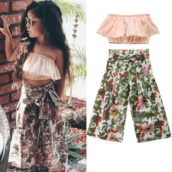 

Brand New Toddler Girls Princess Outfits Off Shoulder Bandeau Solid Tank Tops Floral Belt High Waist Pants Set Summer Clothes