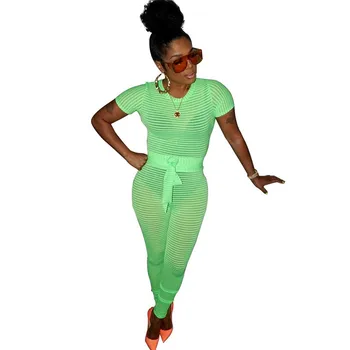 

Summer Striped Mesh Sheer Bodycon Jumpsuit Women O-neck Short Sleeve See Through Streetwear Casual Rompers Green Overalls Sashes