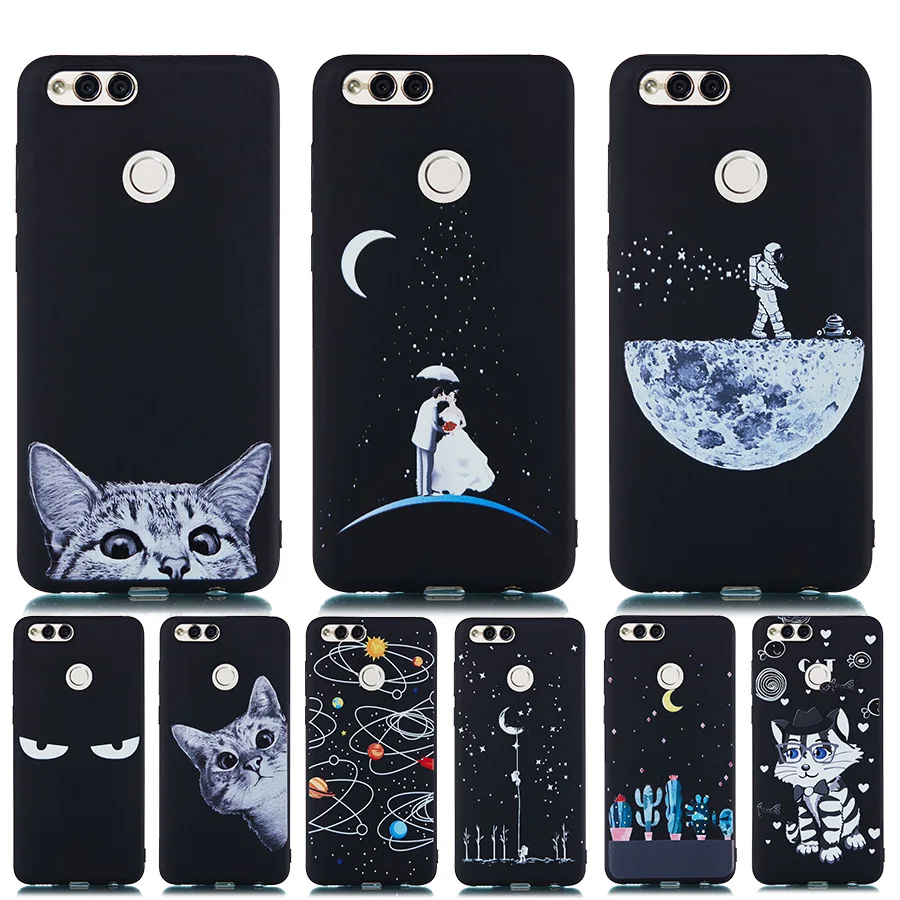 For Huawei Honor 7x Case Painted Starry Sky TPU Soft huawei honor Matte universe Moon Cute Cat Cover 7 X | Мобильные телефоны и