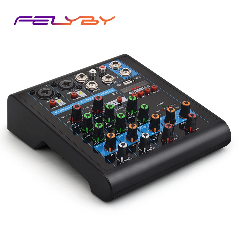 

FELYBY KR4 Multi-purpose Audio Mixer with USB 4 Channel Sound Mixing Console with Bluetooth Record Mic Line Insert Stereo Sound