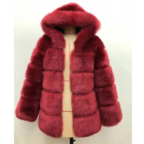 Savabien Womens Faux Fur Coat Thick Warm Furs Long Sleeve Hooded Furry Faux Fur Jacket Winter Black Red Jacket Luxury Coat - Цвет: Wine Red