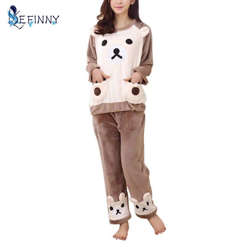 Women Pajama Sets 2017 Autumn winter Flannel Cartoon Warm