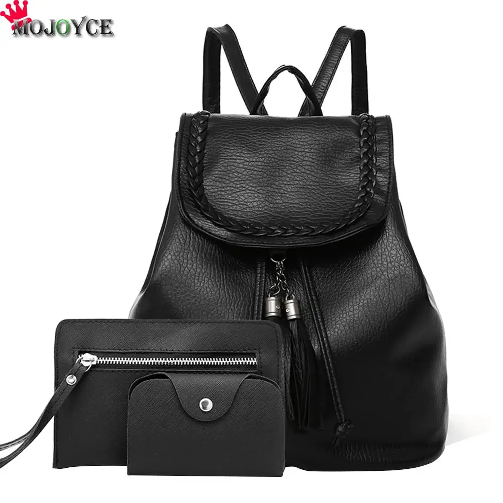 3Pcs Set Small Women Backpacks female 2017 School Bags For Teenage Girls Black PU Leather Women