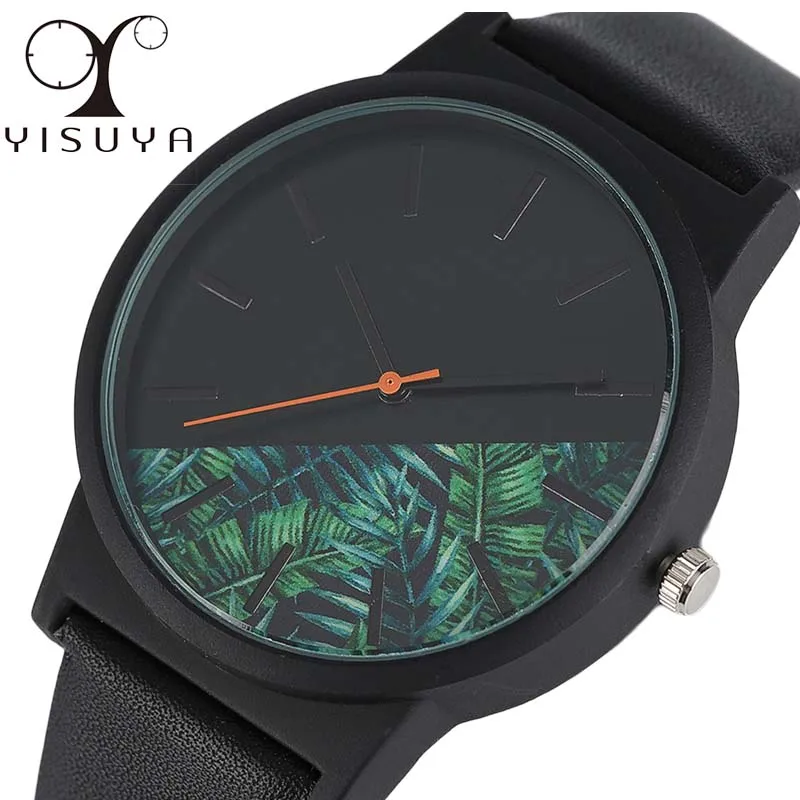 

YISUYA Mens Watches Tropical Jungle Flower Dial Clock Male Fashion Women Casual Leather Quartz-watch Gift 2017 Relogio Masculino