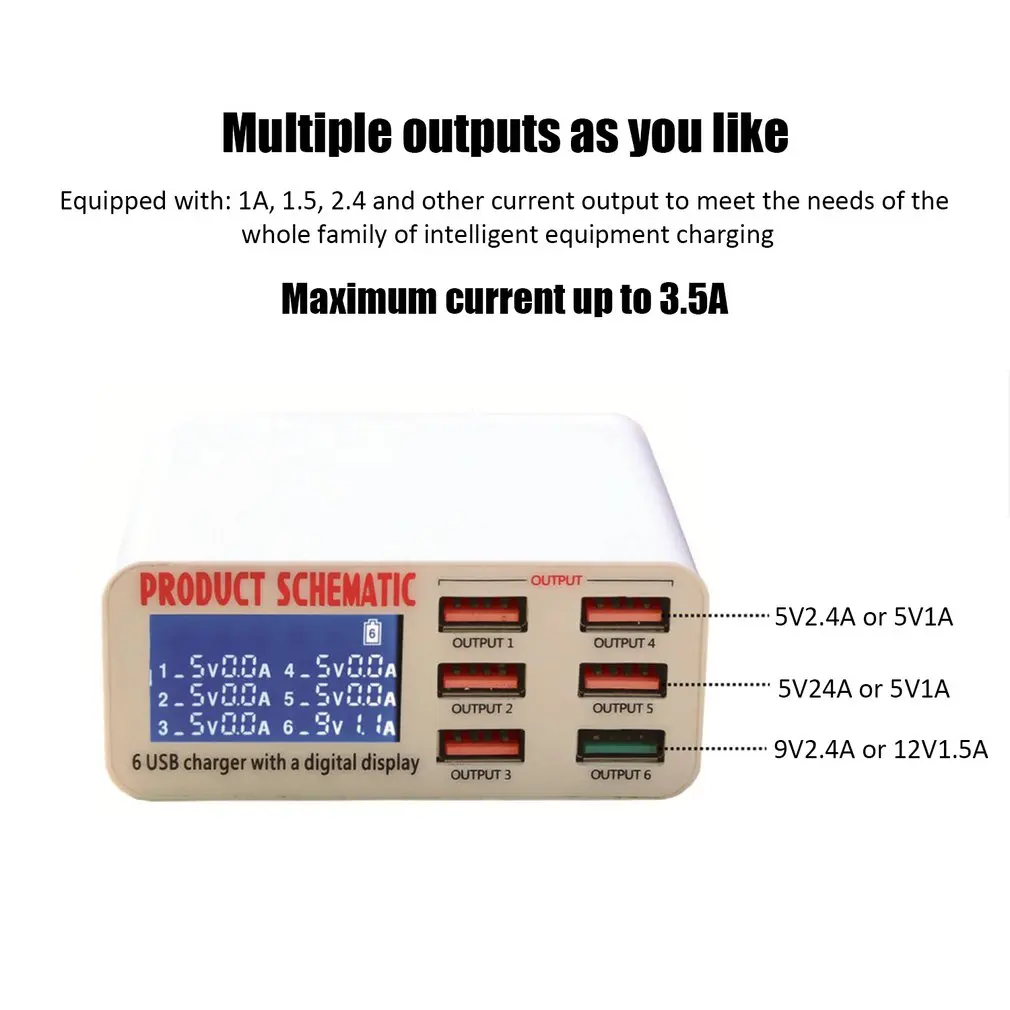 6A с ЖК-цифровым дисплеем, 6 портов, USB зарядное устройство, быстрая умная зарядная станция для смартфона, планшета, ПК