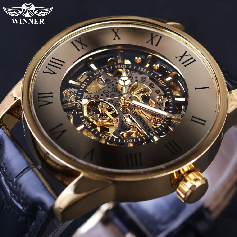 

Winner 2017 Bronze Retro Design Roman Number Display Golden Movement Skeleton Inside Men Watch Top Brand Luxury Mechanical Watch