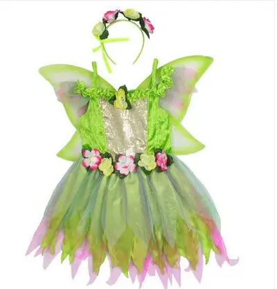 

Freeship childrens luxury green tinker bell dress with wings ballet dress fairy tale dress
