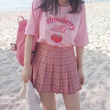 Hahayule/Розовая Одежда для девочек с рисунком клубники и молока; Летняя мода; хлопок; повседневные топы в Корейском стиле для девочек; Забавные футболки с короткими рукавами