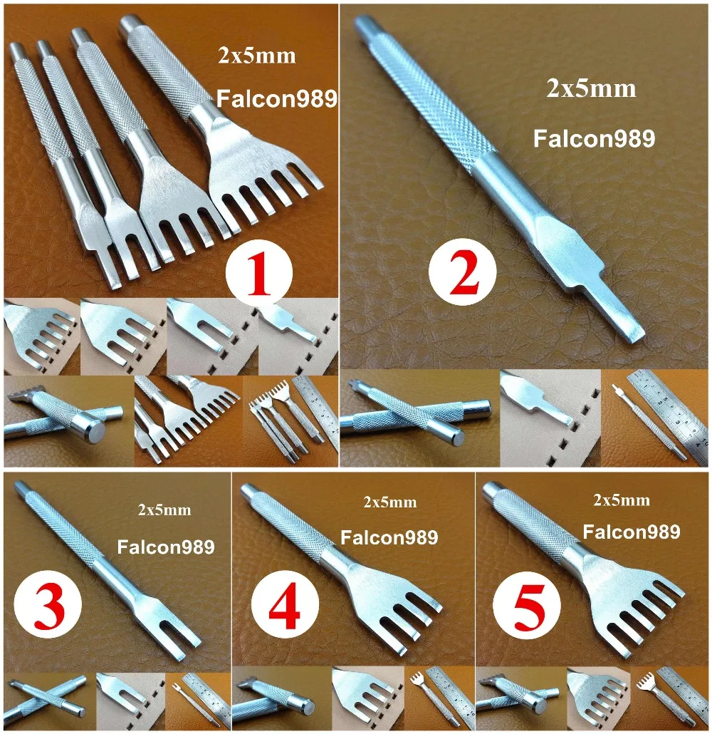 

5kinds 5mm 1/2/4/6 Prongs Leather Craft Sewing Stitching Flat Shaped Tips Pro Line Lacing Chisel Pricking Iron Punch Tool Set