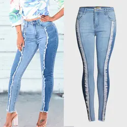 Новый ультра эластичный синий спереди кисточкой рваные хит Цвет Джинсы женские Джинсовая ткань брюки для Для женщин облегающие джинсы