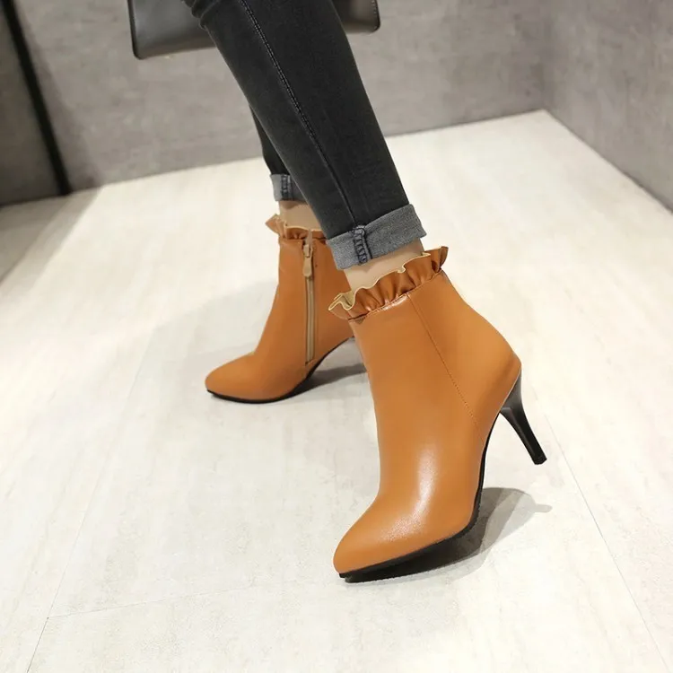 

2018 New Euramerican Fashion Winter Women Boots Basic Ankel High Thin Heels Pointed Toe Fashion Party Zip Ruffles Shoes Woman