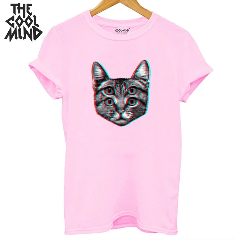 COOLMIND, хлопок, крутая женская футболка с принтом кота, повседневная Летняя женская футболка, женская футболка с круглым вырезом, свободные футболки - Цвет: qi0423B-1PINK