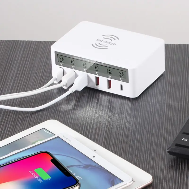  Universal 100W 5x USB QC 30 y Tipo C PD adaptador de cargador rápido Qi estación de carga inalámbri