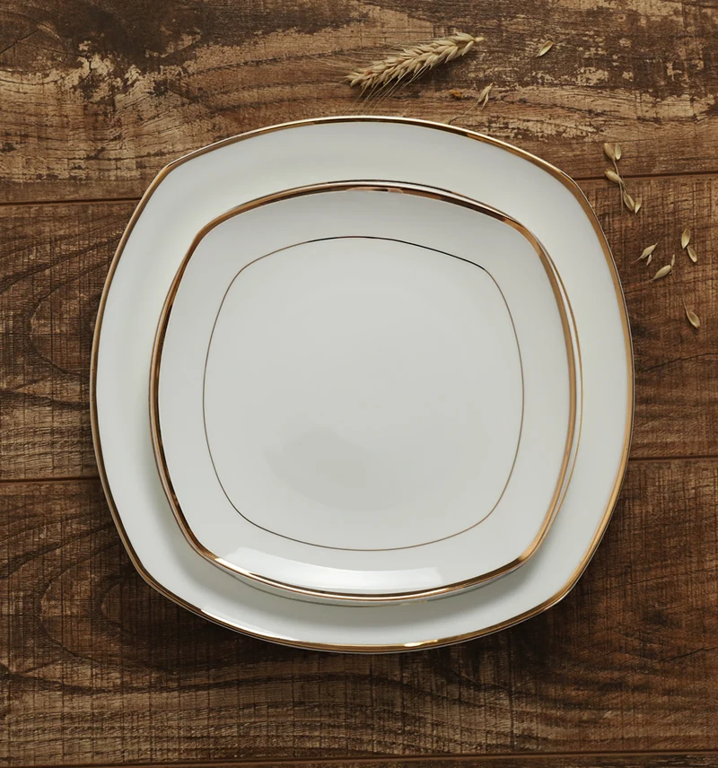 

Ceramic Plate Golden Side Bone Porcelain Square Plate Dishes Steak Plate White Gold Line Plate Serving Platter Dishes
