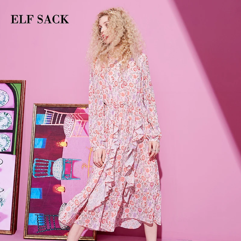 

ELF SACK Spring Woman Dress Casual Floral Print Full Women Dresses Stylish V-Neck A-Line Femme Dress Office Lady Party Dress