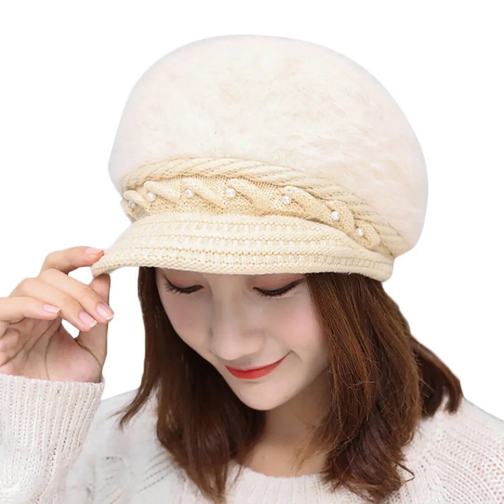 Новые теплые зимние шапки для женщин, шерстяной вязаный берет, женская шапка с искусственным кроличьим мехом, высокое качество, плетеные шляпы, кепка, Femme Nove19 - Цвет: BG