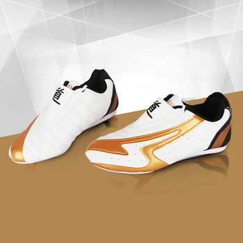 

2017 PU leather breathable Taekwondo Shoes Martial Arts Sneaker White with lighting child sports shoes male Female Train shoes
