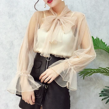 

Women Fashion Mesh Lace Bow Collar Long Flare Sleeves Loose Cute Blouse Shirts Ladies Voile See-through Shirt & Cami 2-piece Set