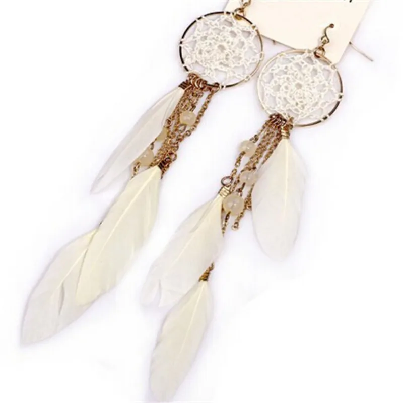 New Bohemia Feather Beads Long Design Dream Catcher Drop Earrings for Women Fashion Jewelry