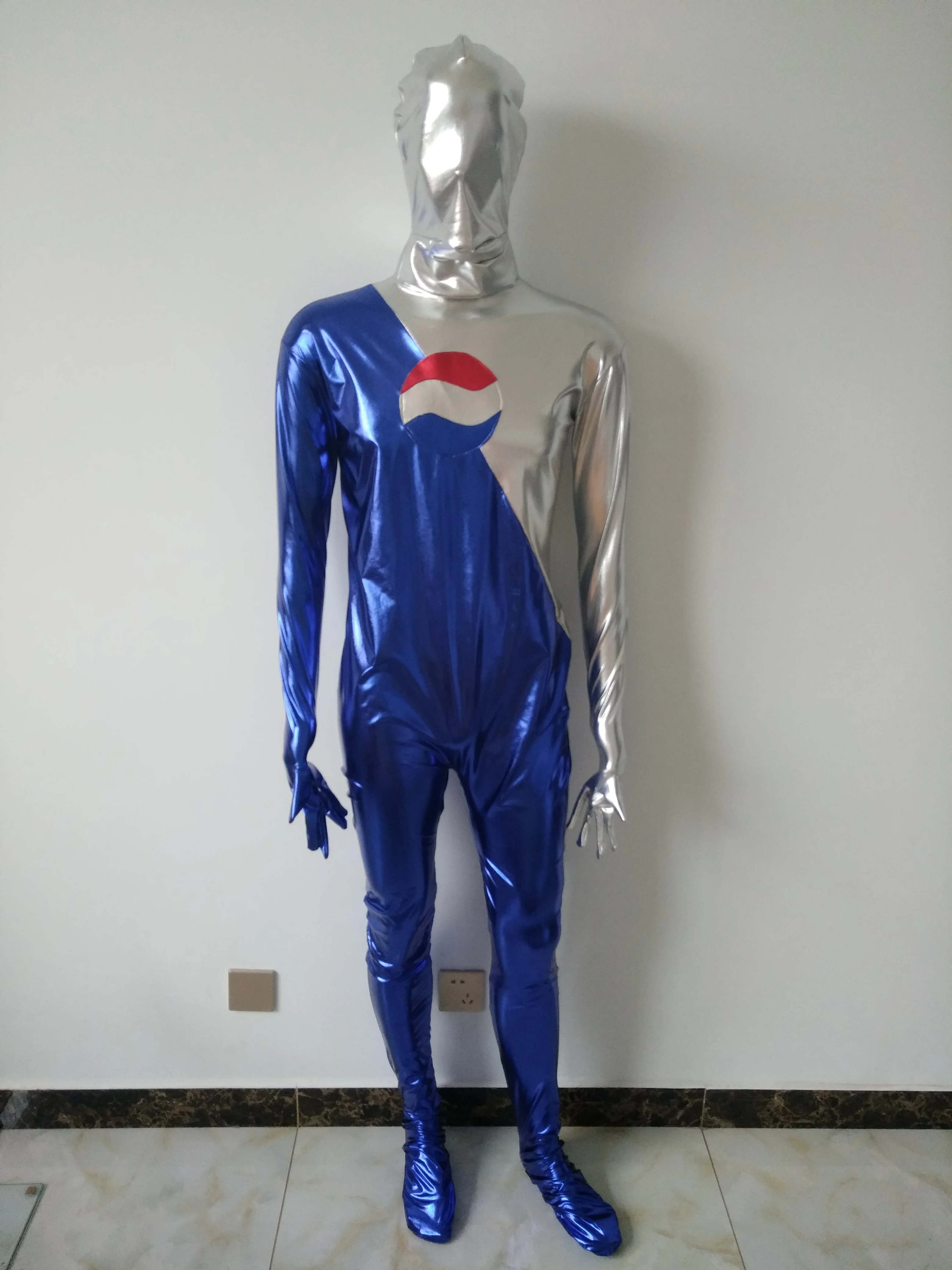 

Free Shipping Blue and Silver color Shiny Metallic Pepsi Man Cosplay Costume Zentai Halloween Suit