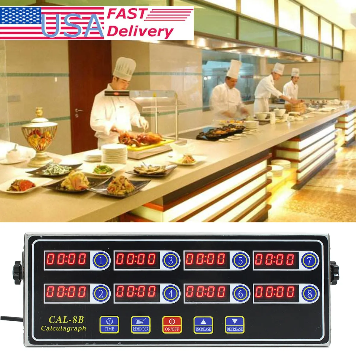 

Black Timer 8 Channel Digital CAL-8B Burger Basket Shaking Timing 3 Stage Reminder Ring volume adjustable