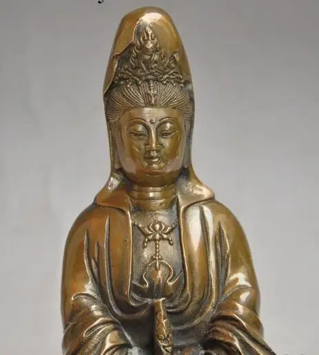 

S2764 9" old china budhism bronze Kwan-Yin Bodhisattva Goddess buddha hold vase statue