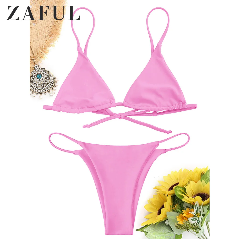 

ZAFUL Cami Bralette Thong String Bikini Set Low Waisted Spaghetti Straps Swimming Suit For Women Push Up Bathing Suit Biquini