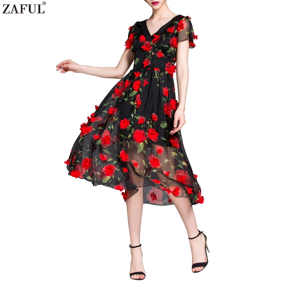 ZAFUL Brand Women Summer Cocktail Party Flower Dress Elegant A Line