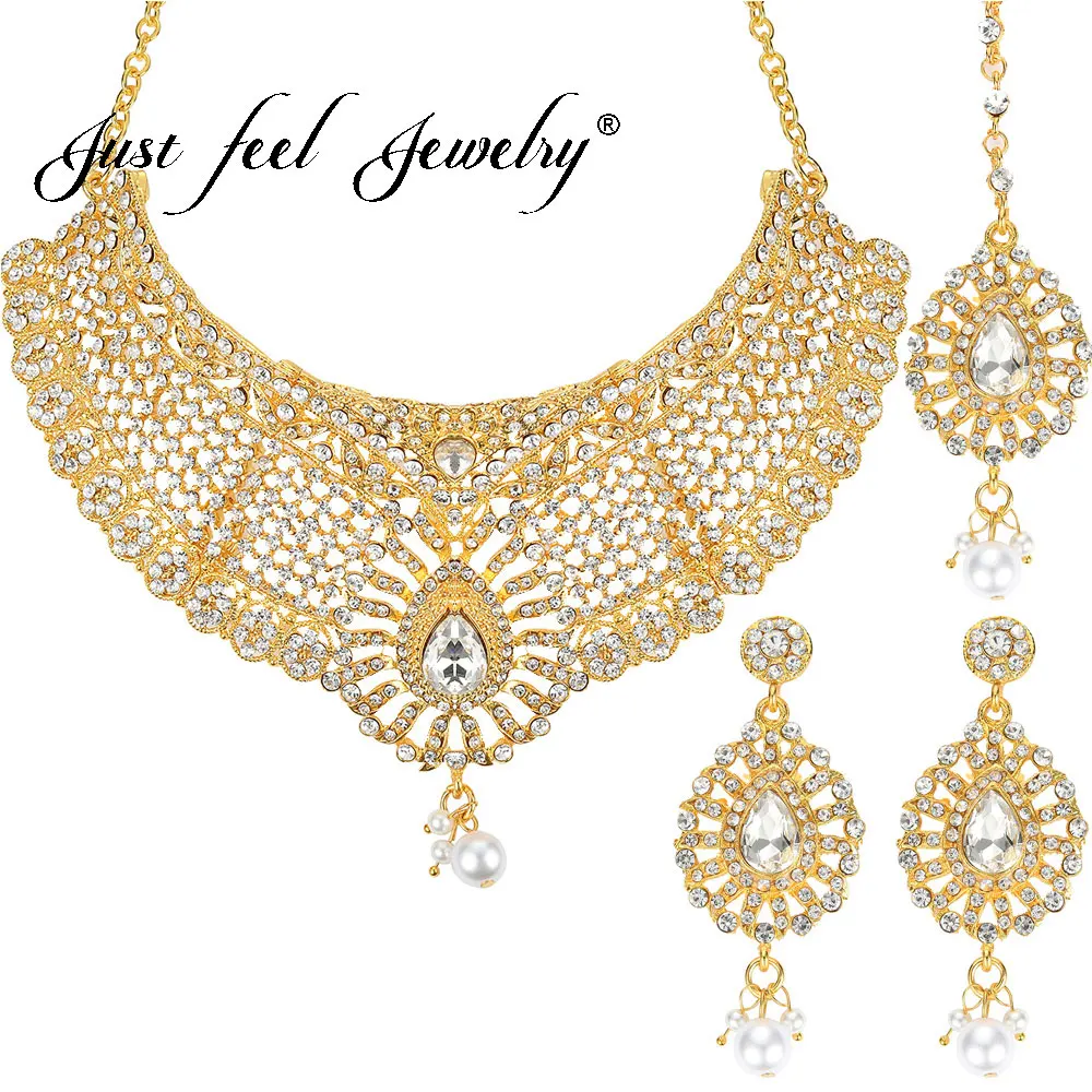 

JUST FEEL Indian Gold Color Jewelry Sets Charm Crystal Imitation Pearls Water Drop Necklace Earrings Headdress Wedding For Women