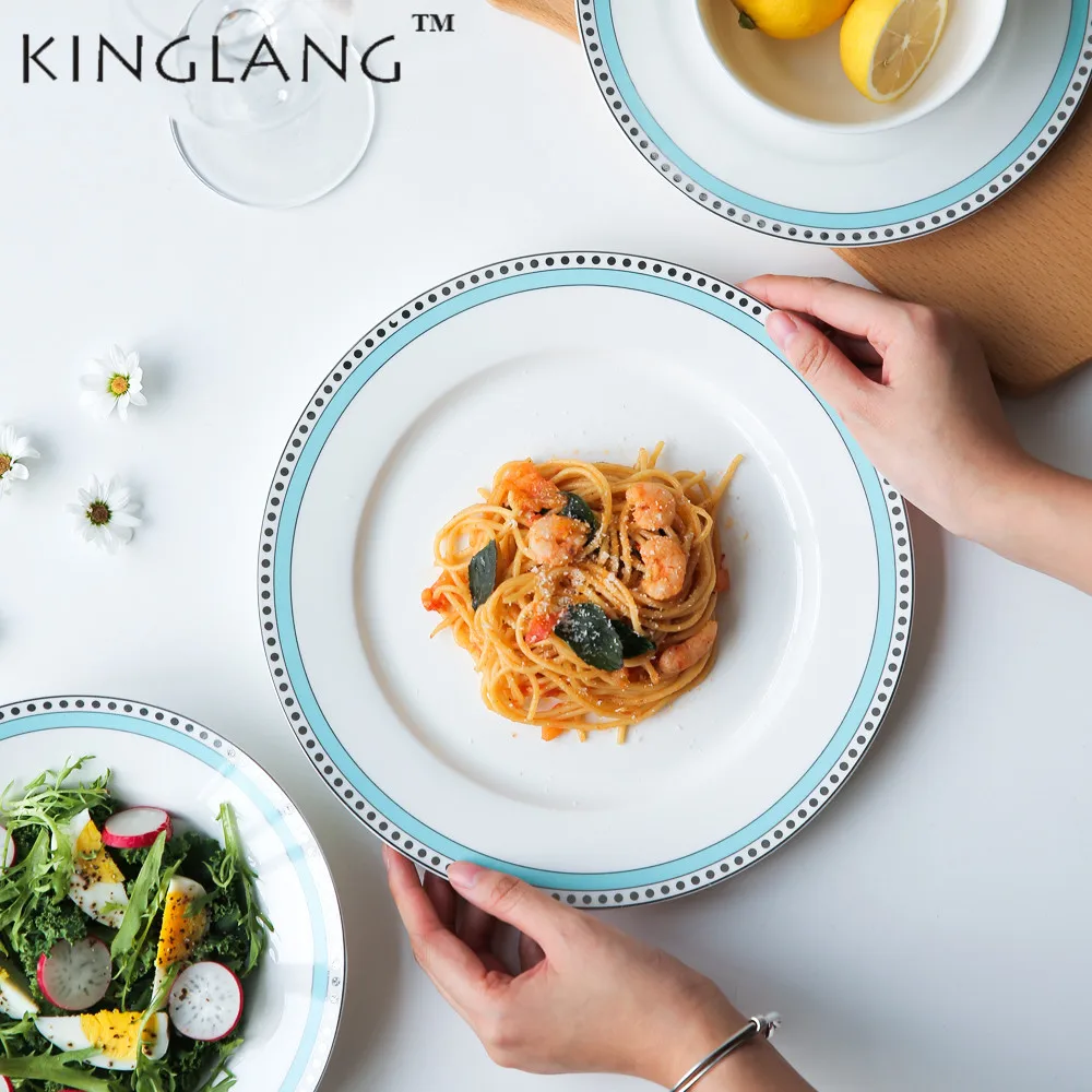 

1PC KINGLANG Ceramic Bone China Creative Rice Bowl Spoon Blue edge dishes Plates Tableware dinnerware