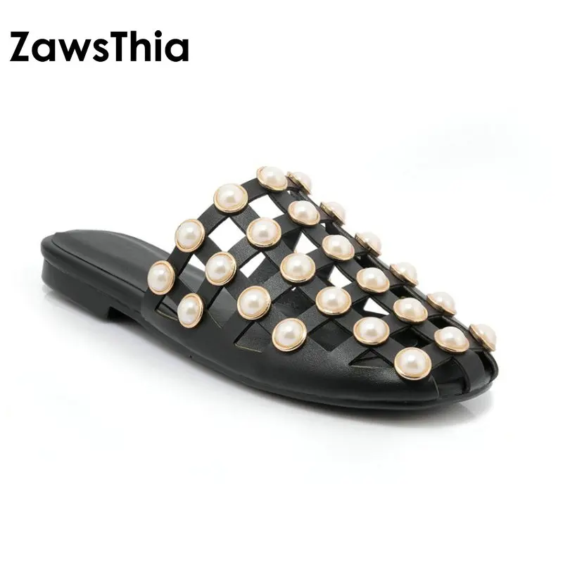 ZawsThia summer pu leather flat slides shoes woman slippers with pearls cover toe hallow cut out mules extra large size 46 47 48 | Обувь