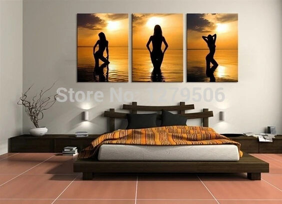 100% Hand Painted Modern Abstract Canvas Art Oil Painting Pictures on the Wall 3 Panel Sunset Beach Sexy Nude Girl 16x24 inch.jpg
