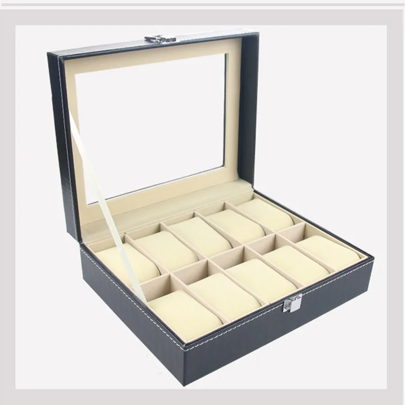 Watch Box Black 10 Grid Leather Fashion Watch Box Display Case Watch Storage Organizer Box Holder Jewelry Box Bracelet Organizer