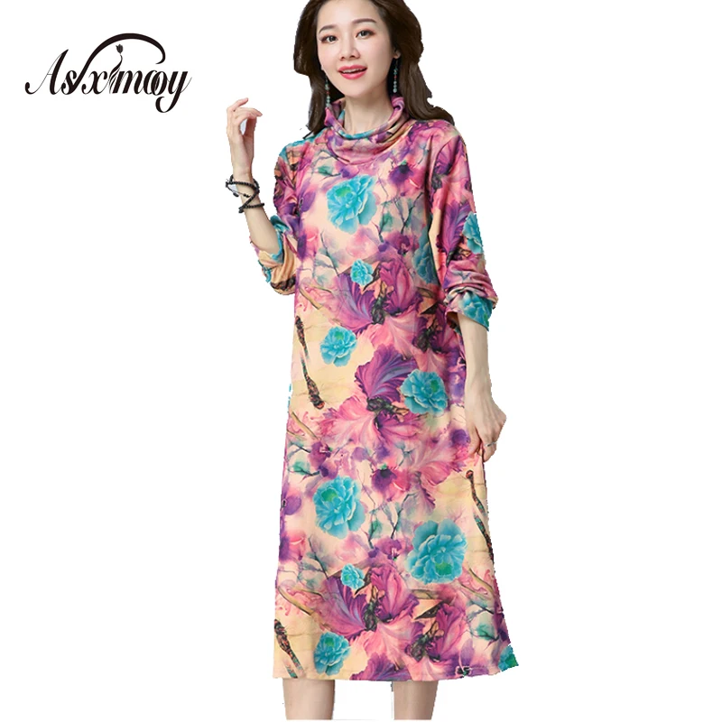 Turtleneck Autumn Winter Floral Print Women Dress Warm Vintage Casual Elegant Wool Maxi Long Dress Vestidos 2017 Party Dresses long-floral-maxi : image Turtleneck Autumn Winter Floral Print Women Dress Warm Vintage Casual Elegant Wool Maxi Long Dress Vestidos 2017 Party Dresses long-floral-maxi