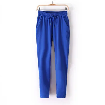

2020 Spring and Summer Women Pants 7 candy color drawstring elastic waist Europe style casual Harem thin chiffon trouses 6141