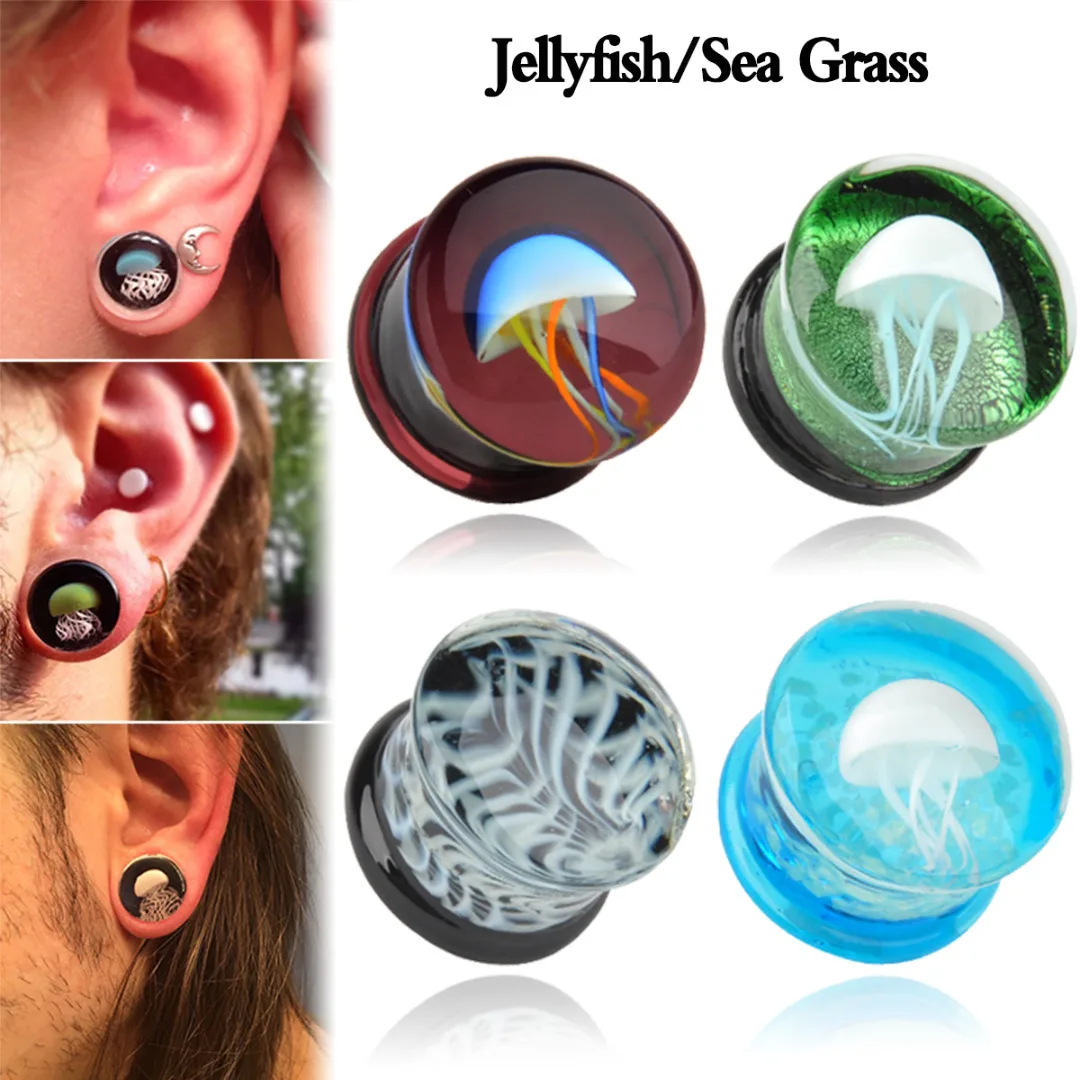 2pcs 8-16mm Green Jellyfish Grass Ear Plug Ocean Double Flared Translucent Bright Ear Gauge Expander Ear Piercing Body Jewelry