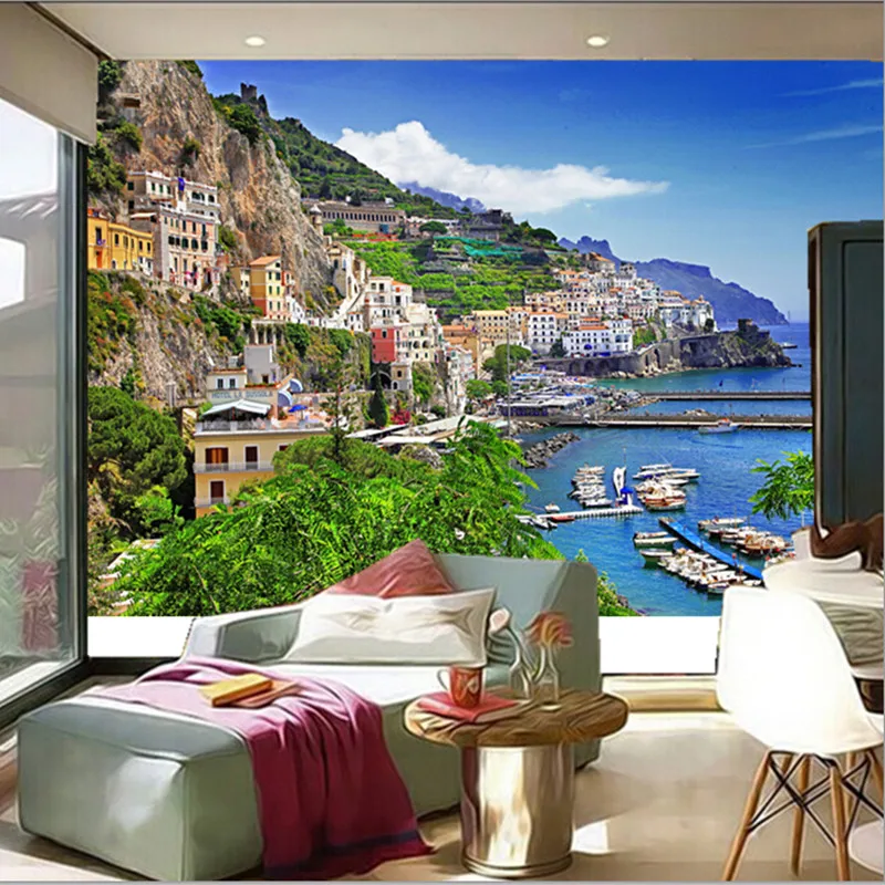 Обычай 3D фрески, Италия дома Marinas горы позитано города обои, Гостиной диван тв стены спальня