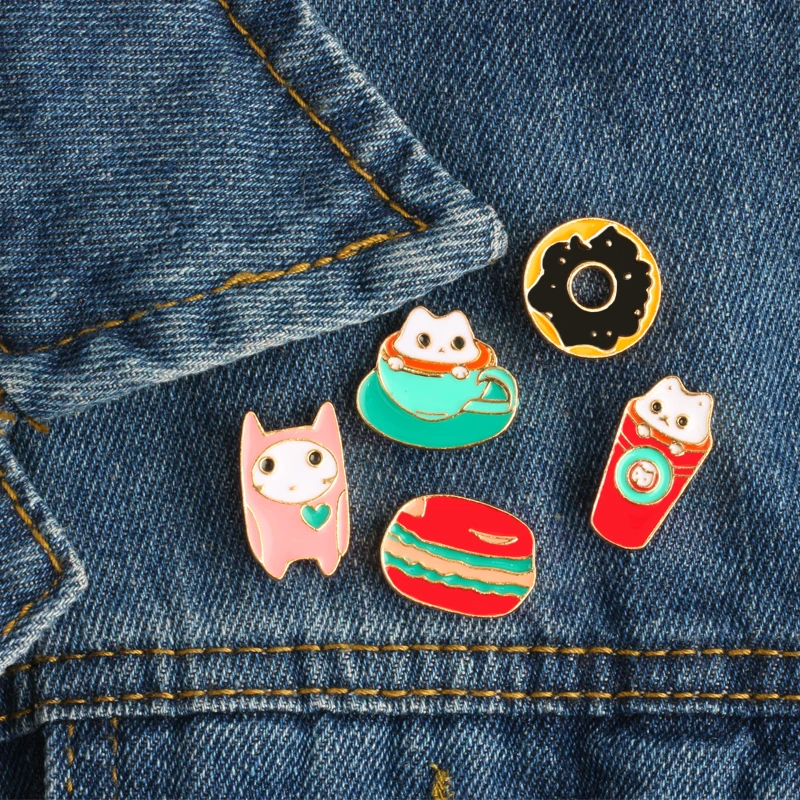 

Creative Cartoon Cute Cat Drink Donuts Coffee Hamburgers Enamel Pin High-Quality Decoration Pins Jewelry Brooches For Women Men