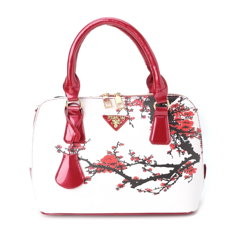 

New Elegant Leather Shoulder Bag Flower Printed Messenger Crossbody Women National Style Handbag