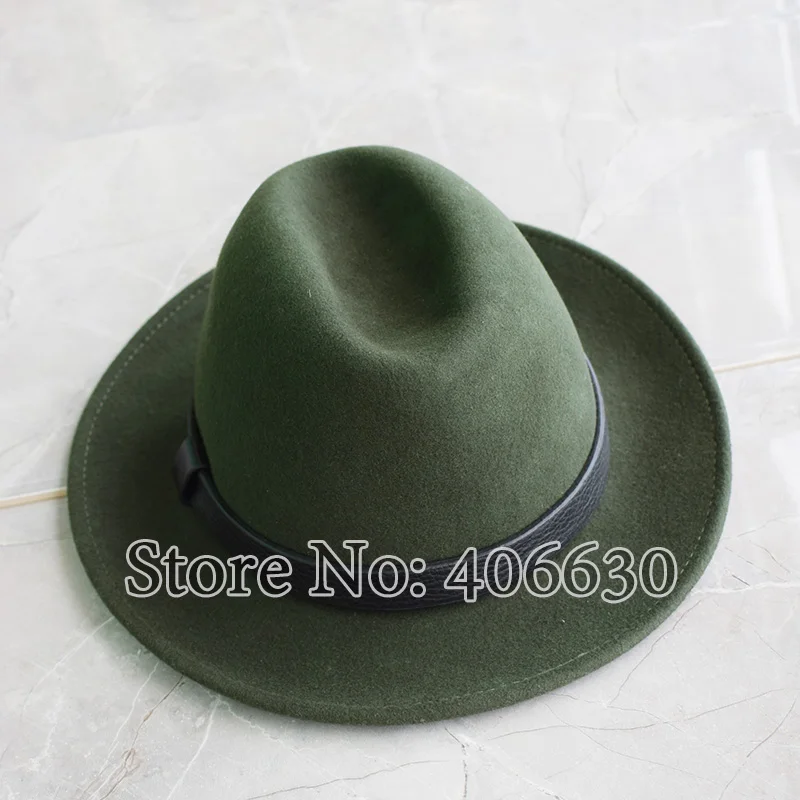 Зимние широкие мужские шерстяные фетровые шляпы ремешок из натуральной кожи Fedoras армейский зеленый цвет Chapeu SWDW083