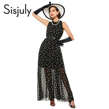 Sisjuly women maxi fashion polka dots maxi dress long casual summer beach chiffon party black dresses