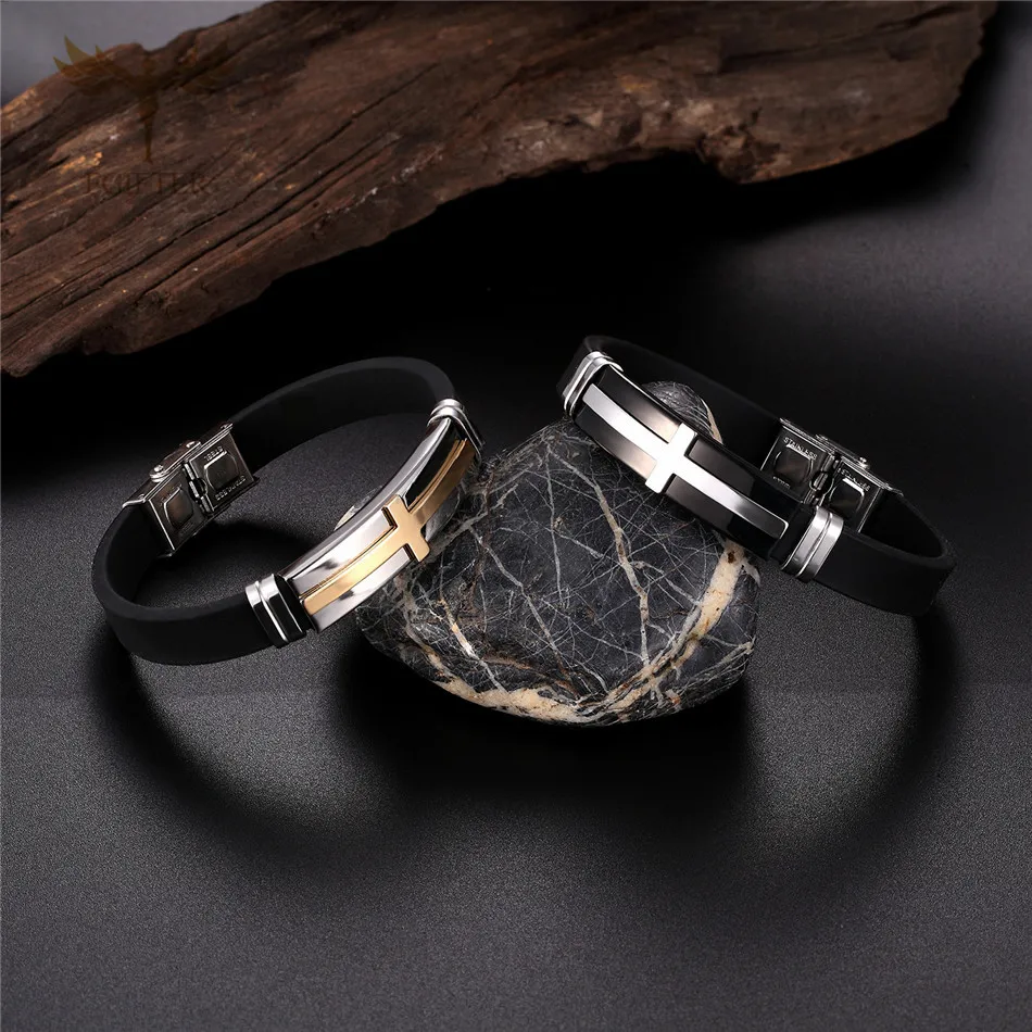 

Fgift Jesus Christian Women Men Cross Bracelets Stainless Steel Accessories Cuff Black Silicone Bracelet Unisex Fashion Jewelry